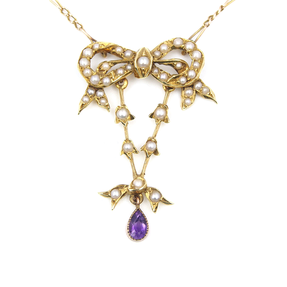 Amethyst and Pearl 15ct Gold Pendant - Edwardian