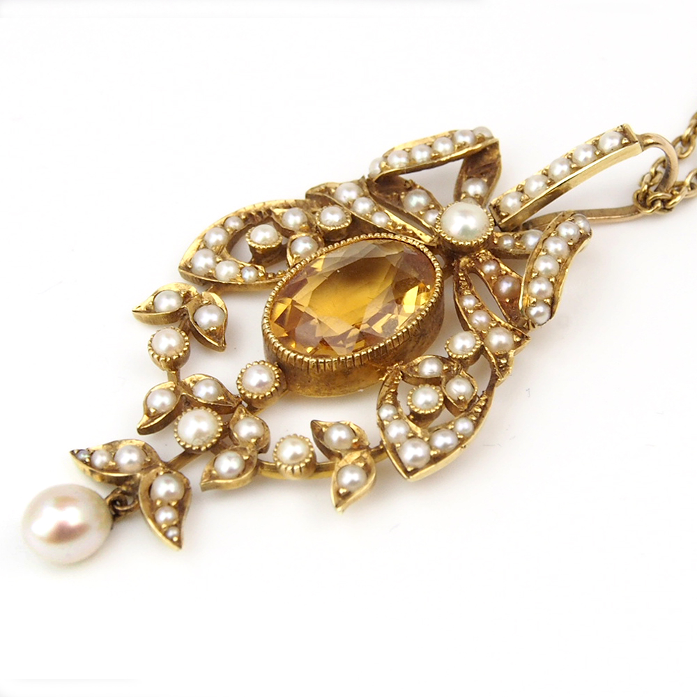 Citrine and Pearl Edwardian 18ct Gold Pendant