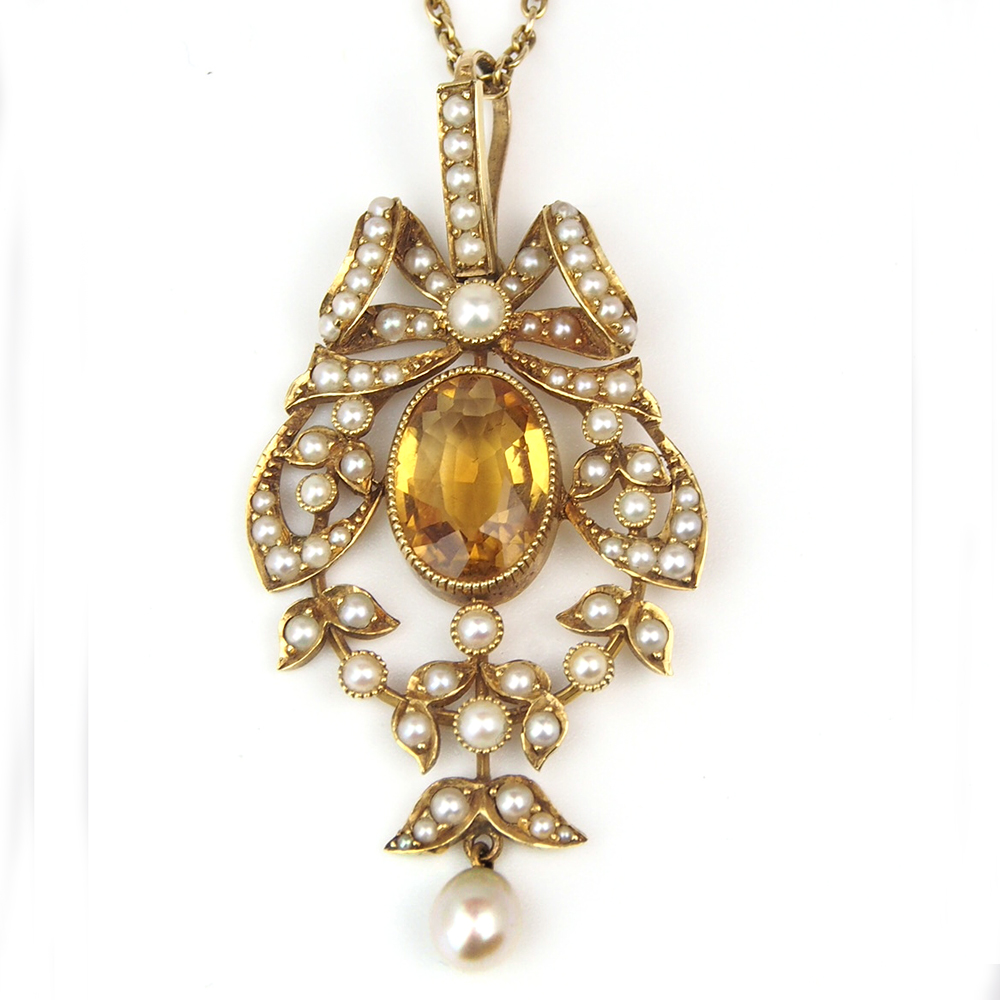 Citrine and Pearl Edwardian 18ct Gold Pendant