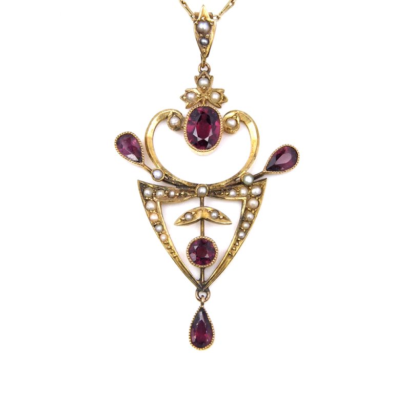 Garnet and Pearl Edwardian Gold Pendant