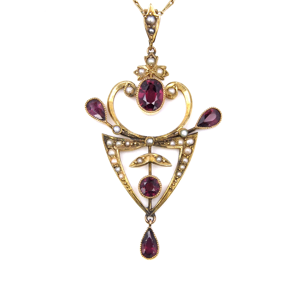 Garnet and Pearl Edwardian Gold Pendant