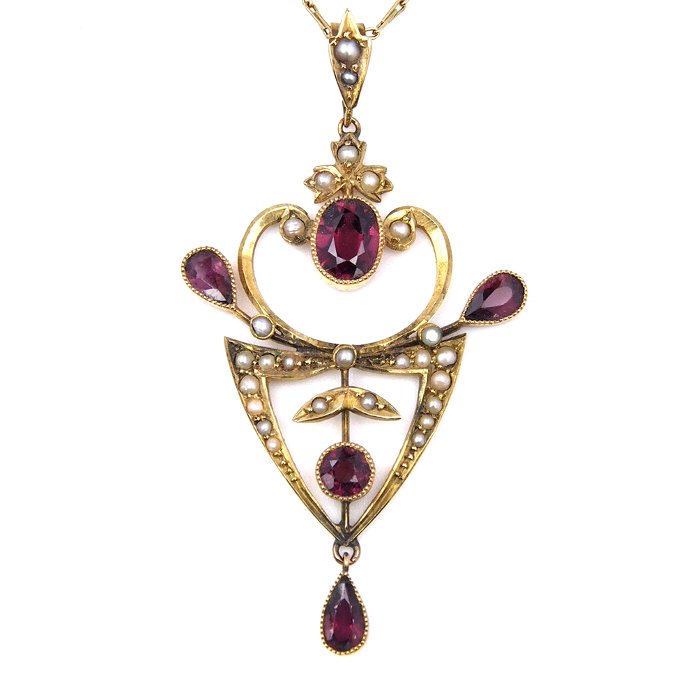 Garnet and Pearl Edwardian Gold Pendant