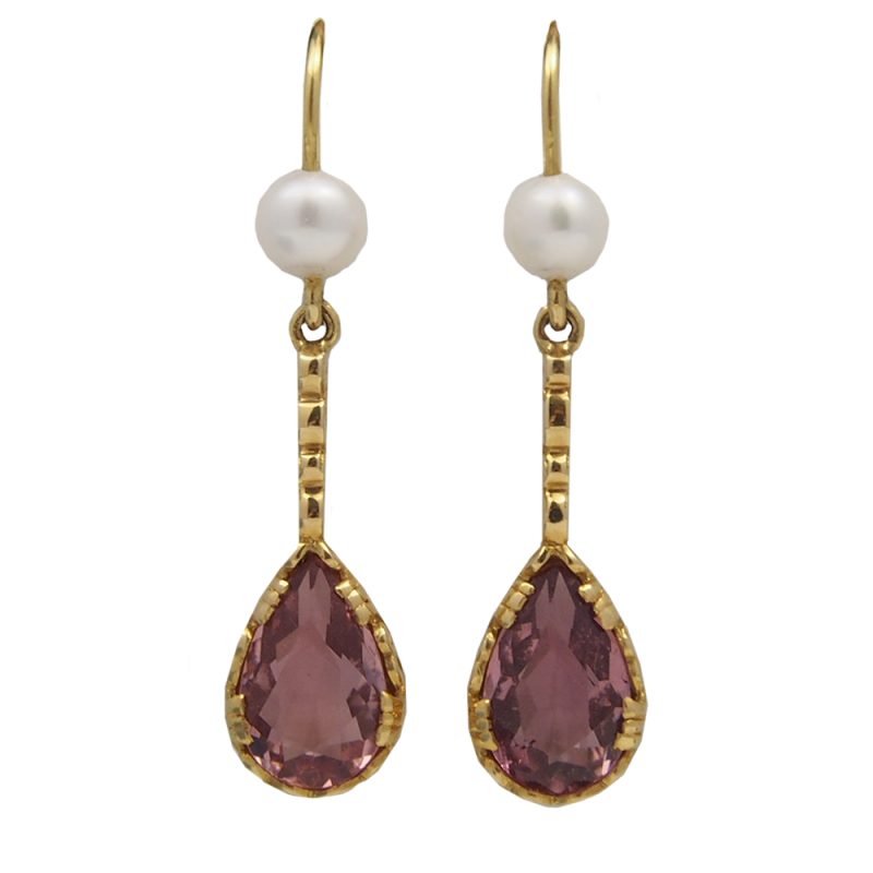Tourmaline and Cultured Pearl 14ct Gold Drop Earrings - Pink