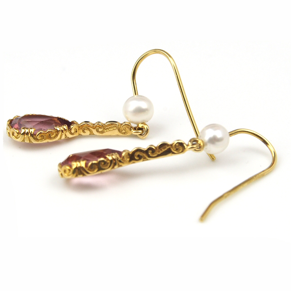 Tourmaline and Cultured Pearl 14ct Gold Drop Earrings - Pink