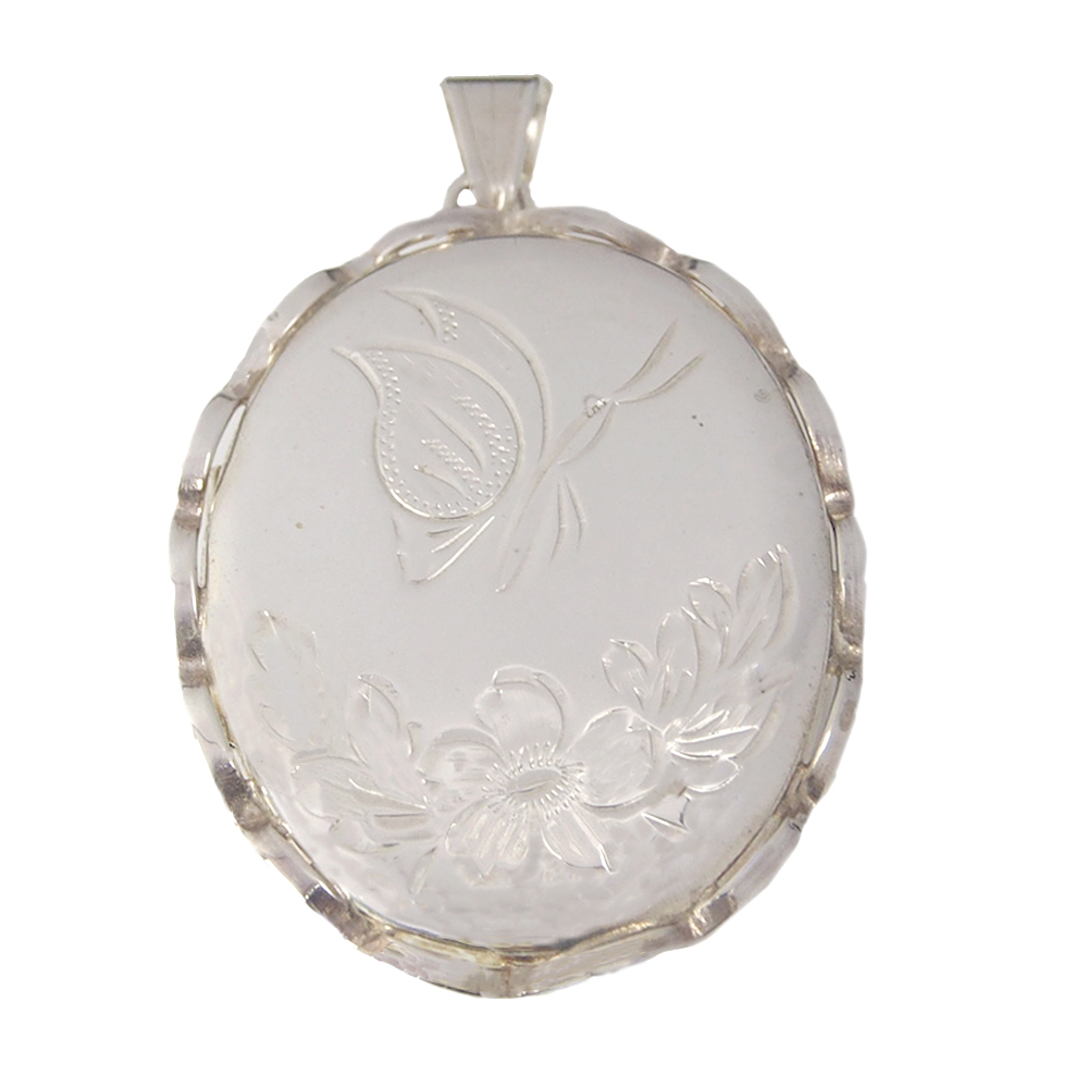 Locket - Silver with Butterfly & Flower Engraving