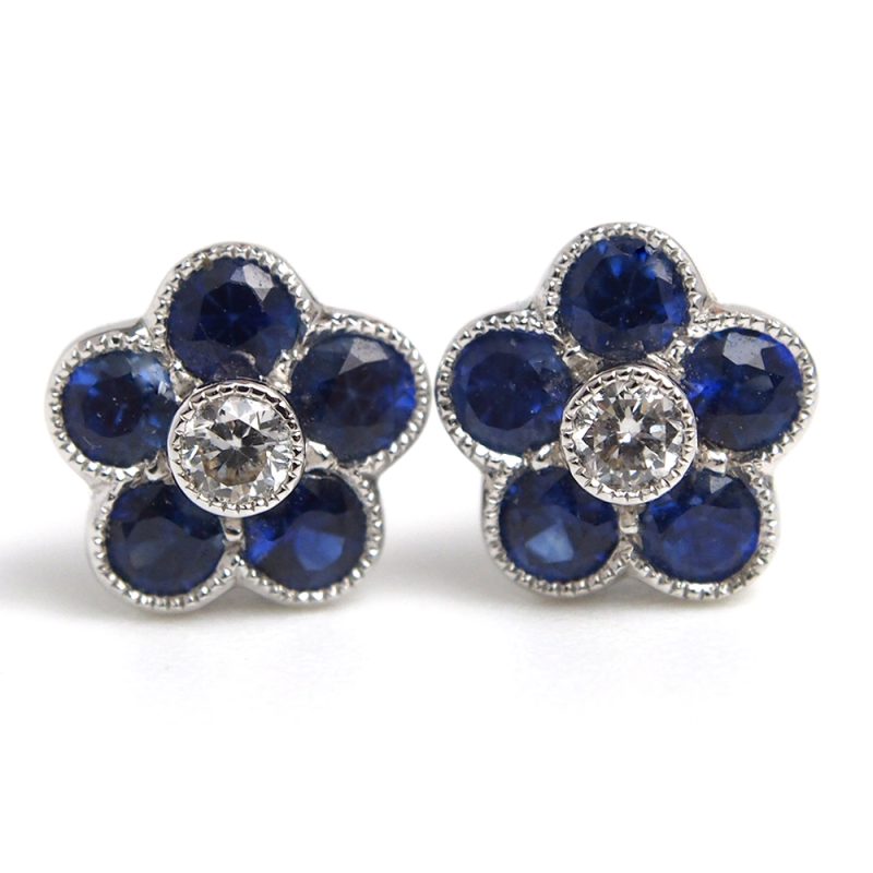 Sapphire & Diamond Flower Earrings - 18ct White Gold
