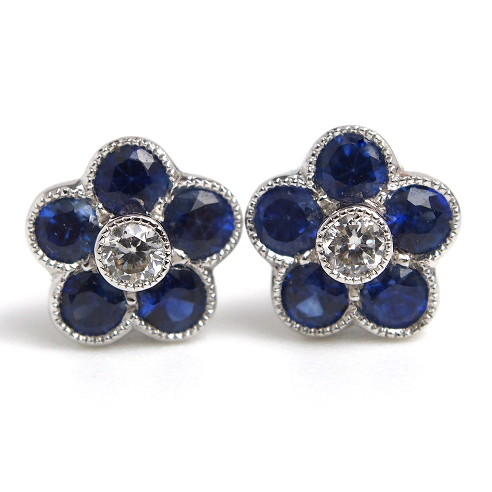 Sapphire & Diamond Flower Earrings - 18ct White Gold