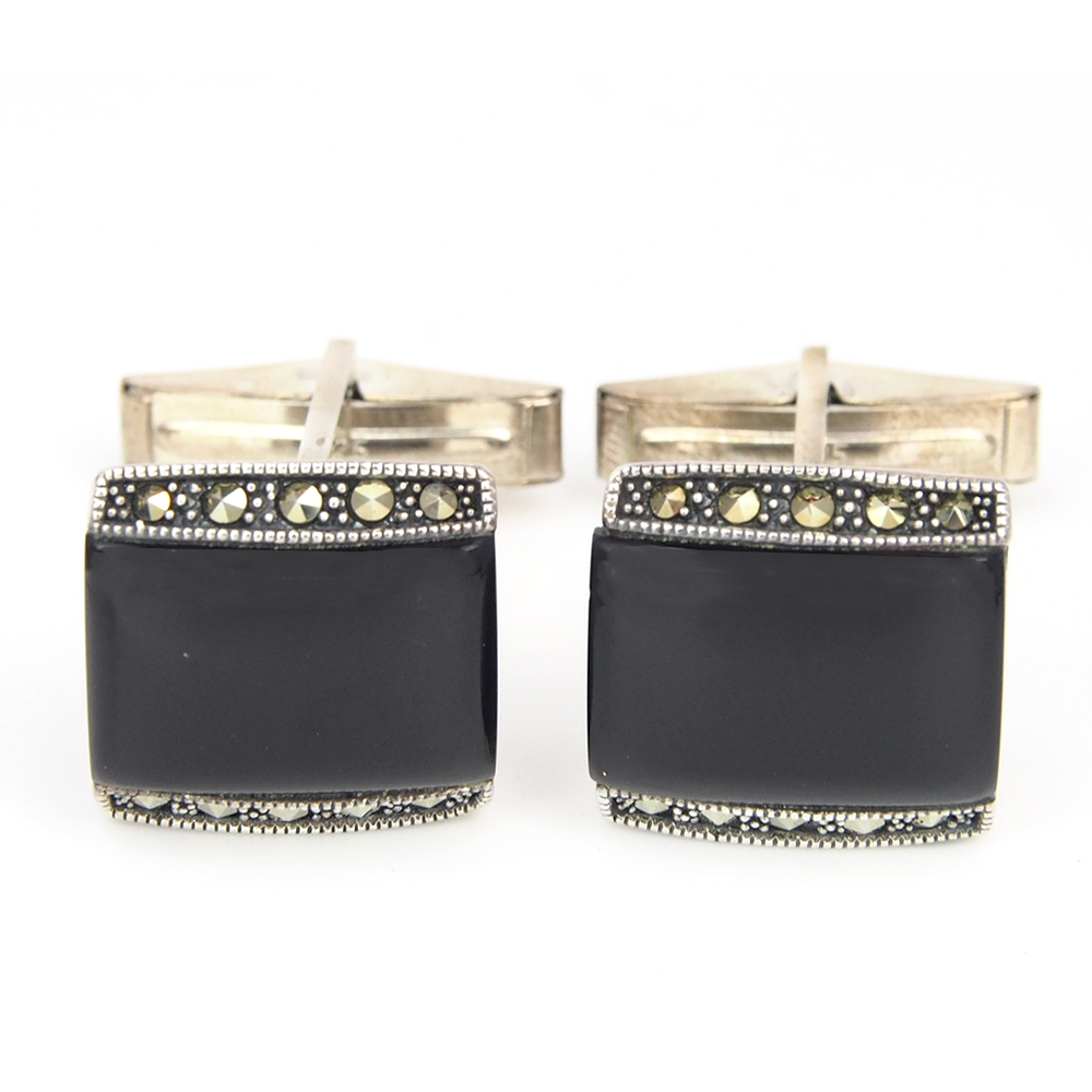 Cufflinks - Onyx, Silver & Marcasite