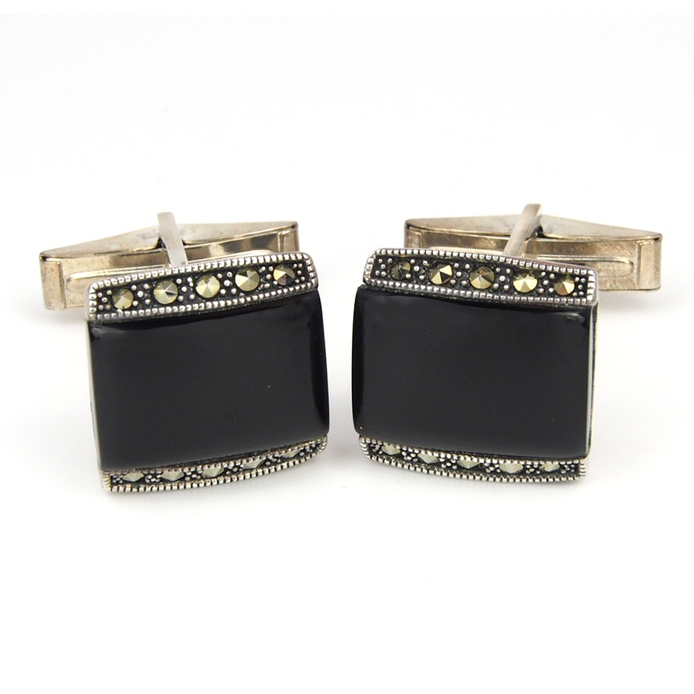 Cufflinks - Onyx, Silver & Marcasite