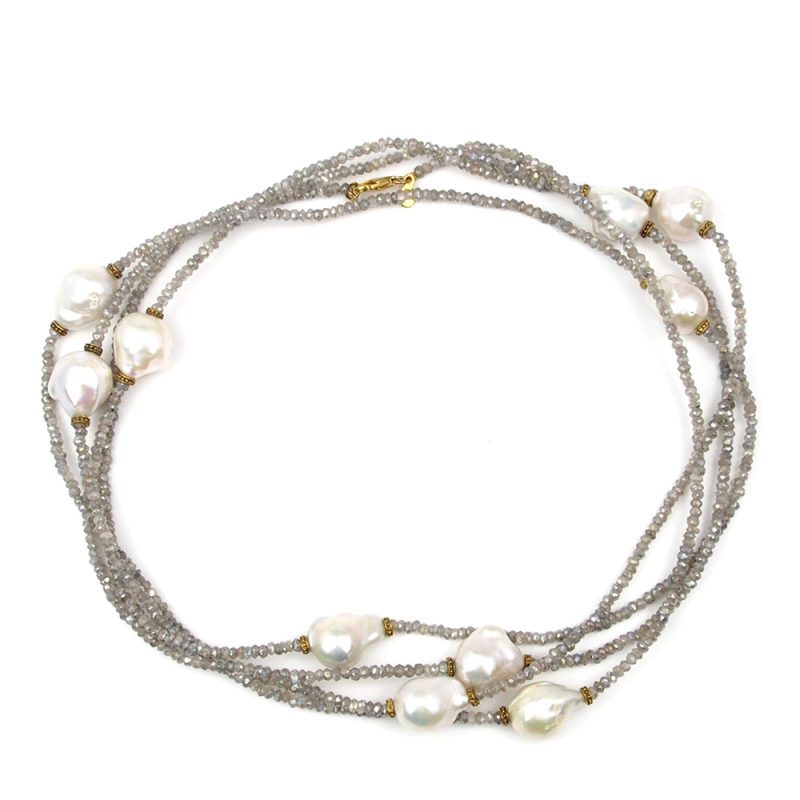 Labradorite & Fresh Water Cultured Pearl Necklace 36"