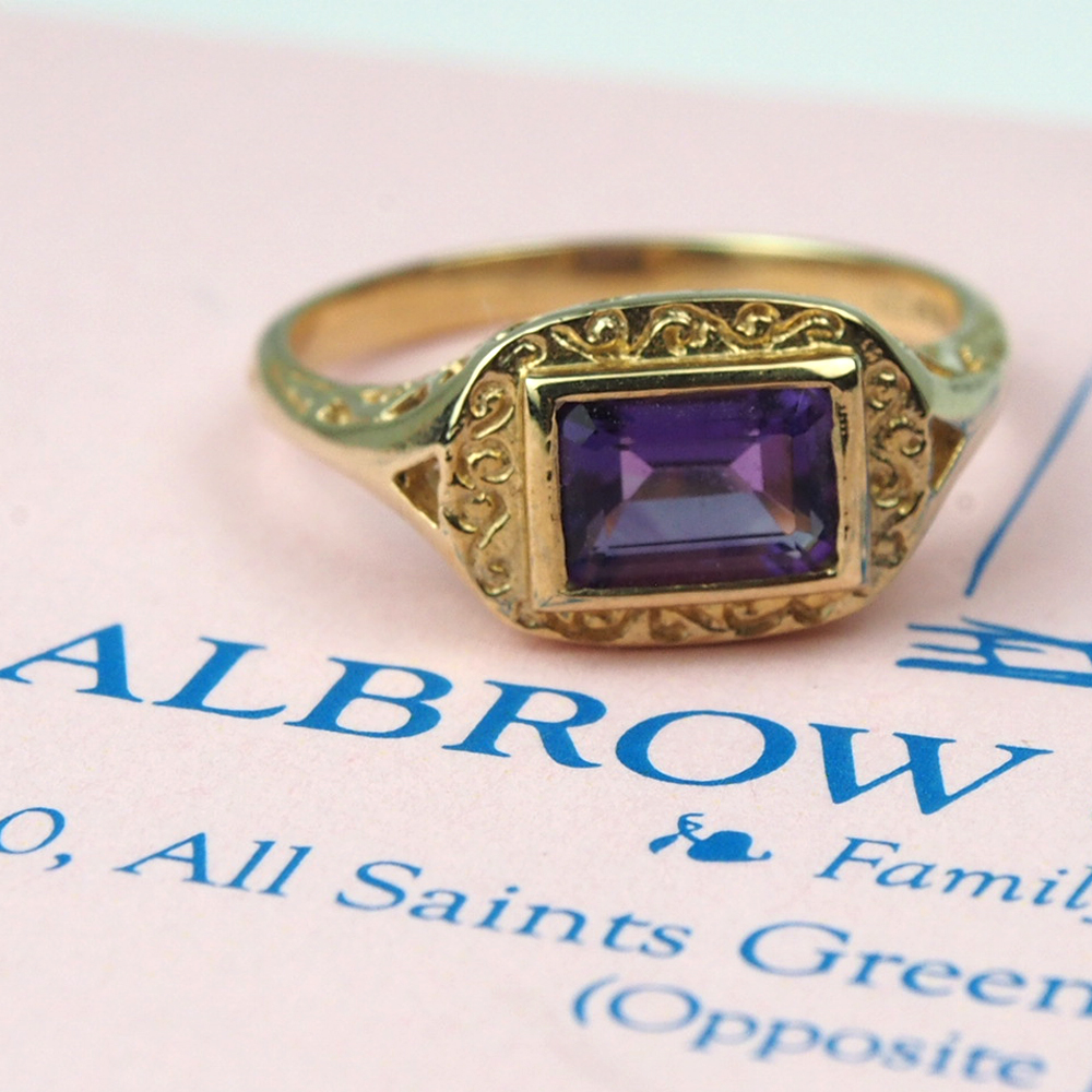 Amethyst Ring In Patterned Yellow Gold