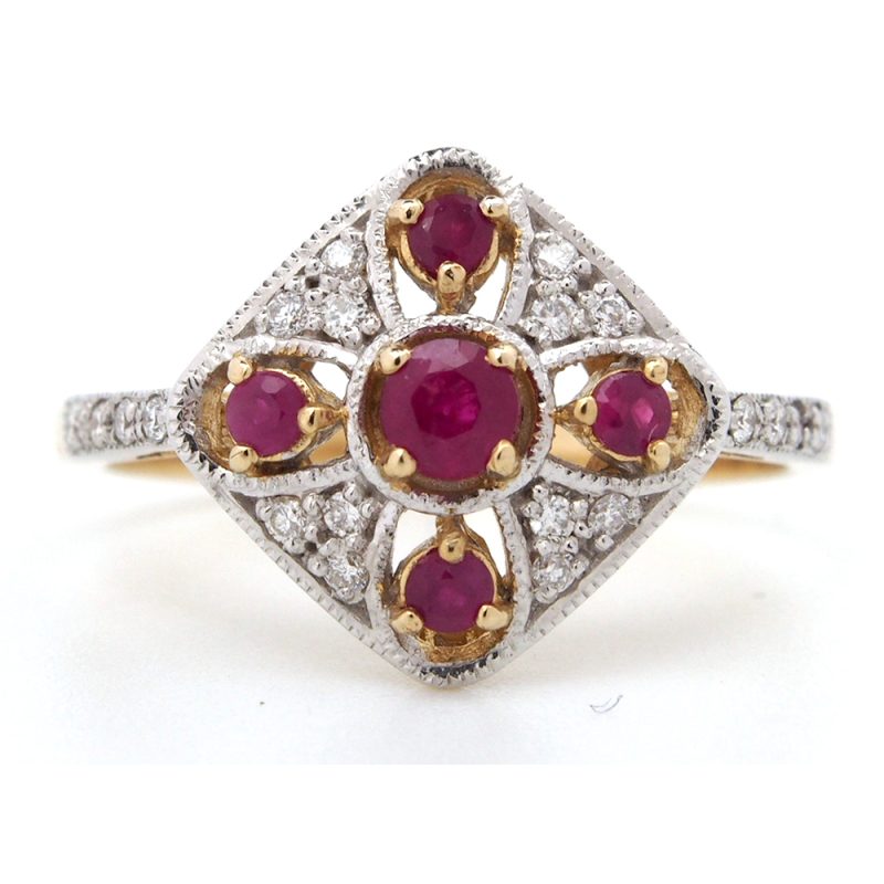 Ruby & Diamond Cluster - Yellow & White Gold