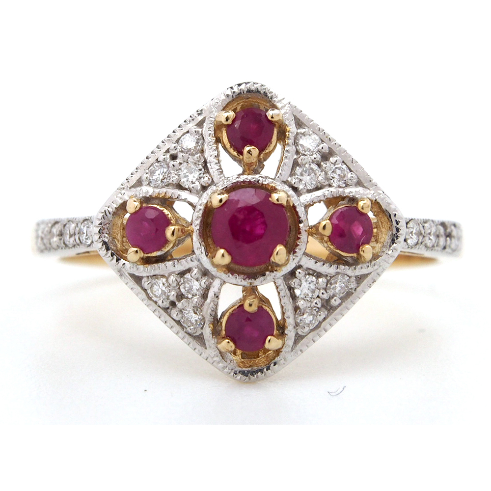 Ruby & Diamond Cluster - Yellow & White Gold