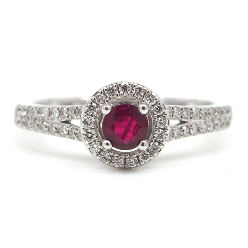 Ruby & Diamond Halo Cluster Ring - 18ct White Gold