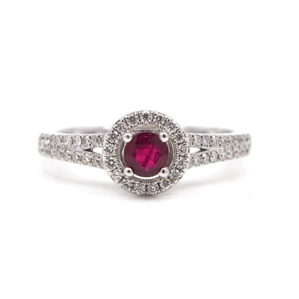 Ruby & Diamond Halo Cluster Ring - 18ct White Gold