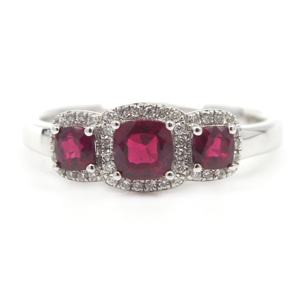 Ruby & Diamond Triple Cluster Ring - 18ct White Gold