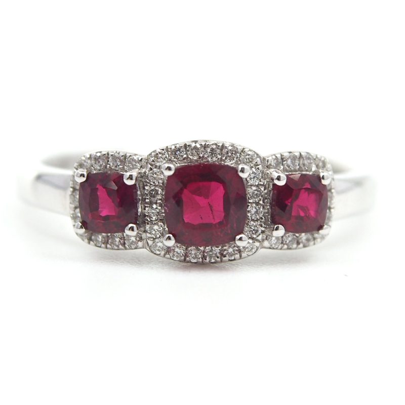 Ruby & Diamond Triple Cluster Ring - 18ct White Gold