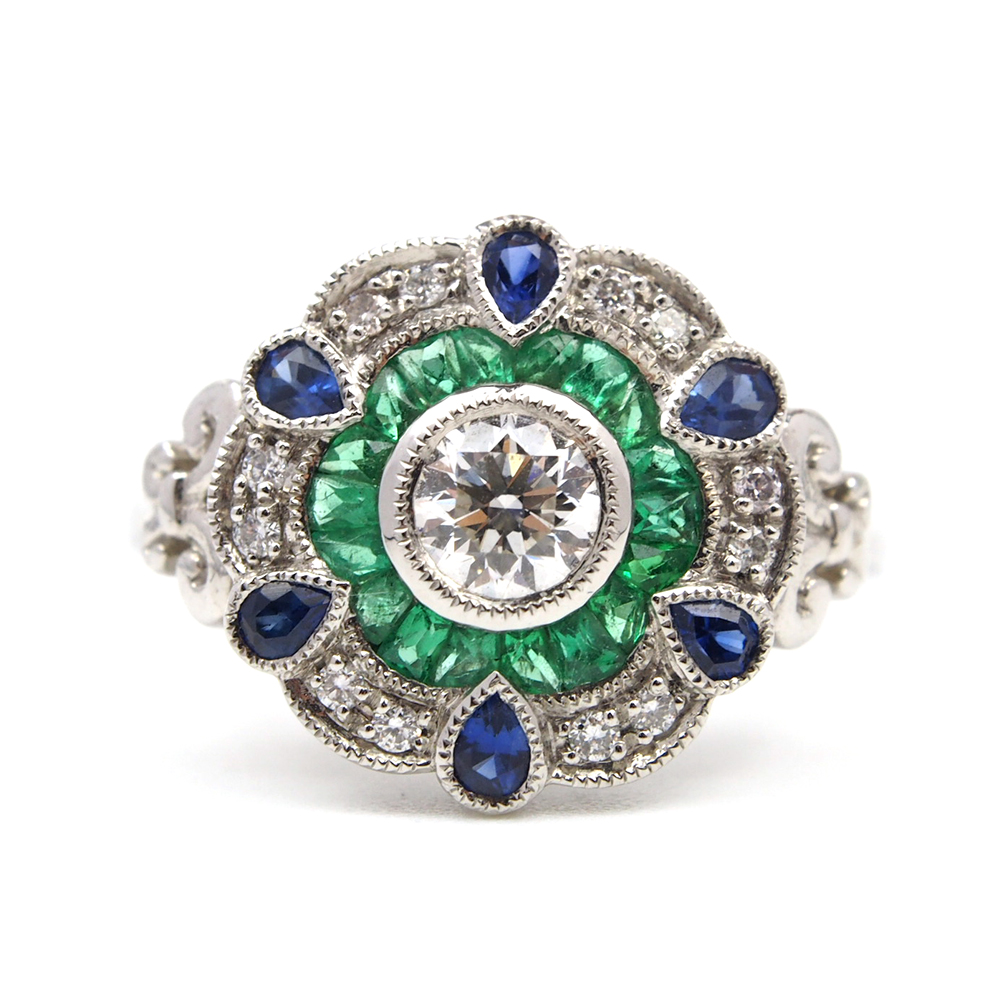 Diamond Emerald & Sapphire Cluster Ring