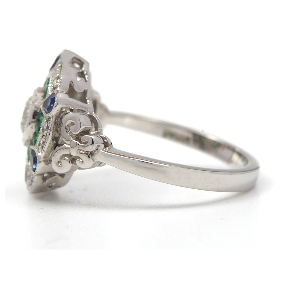 Diamond Emerald & Sapphire Cluster Ring