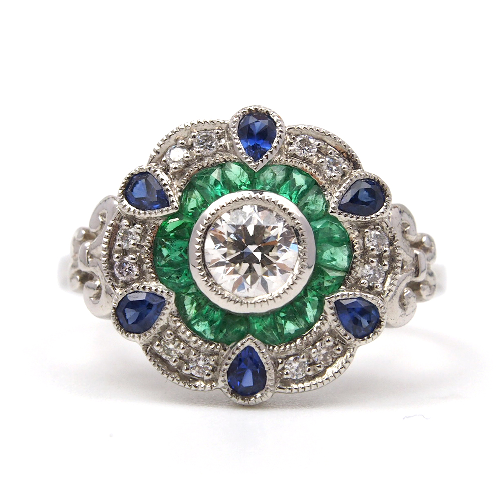 Diamond Emerald & Sapphire Cluster Ring