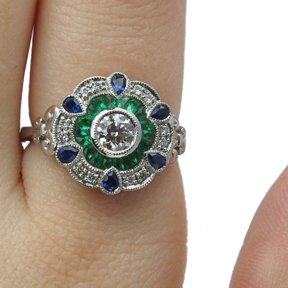 Diamond Emerald & Sapphire Cluster Ring