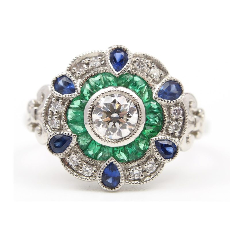 Diamond Emerald & Sapphire Cluster Ring