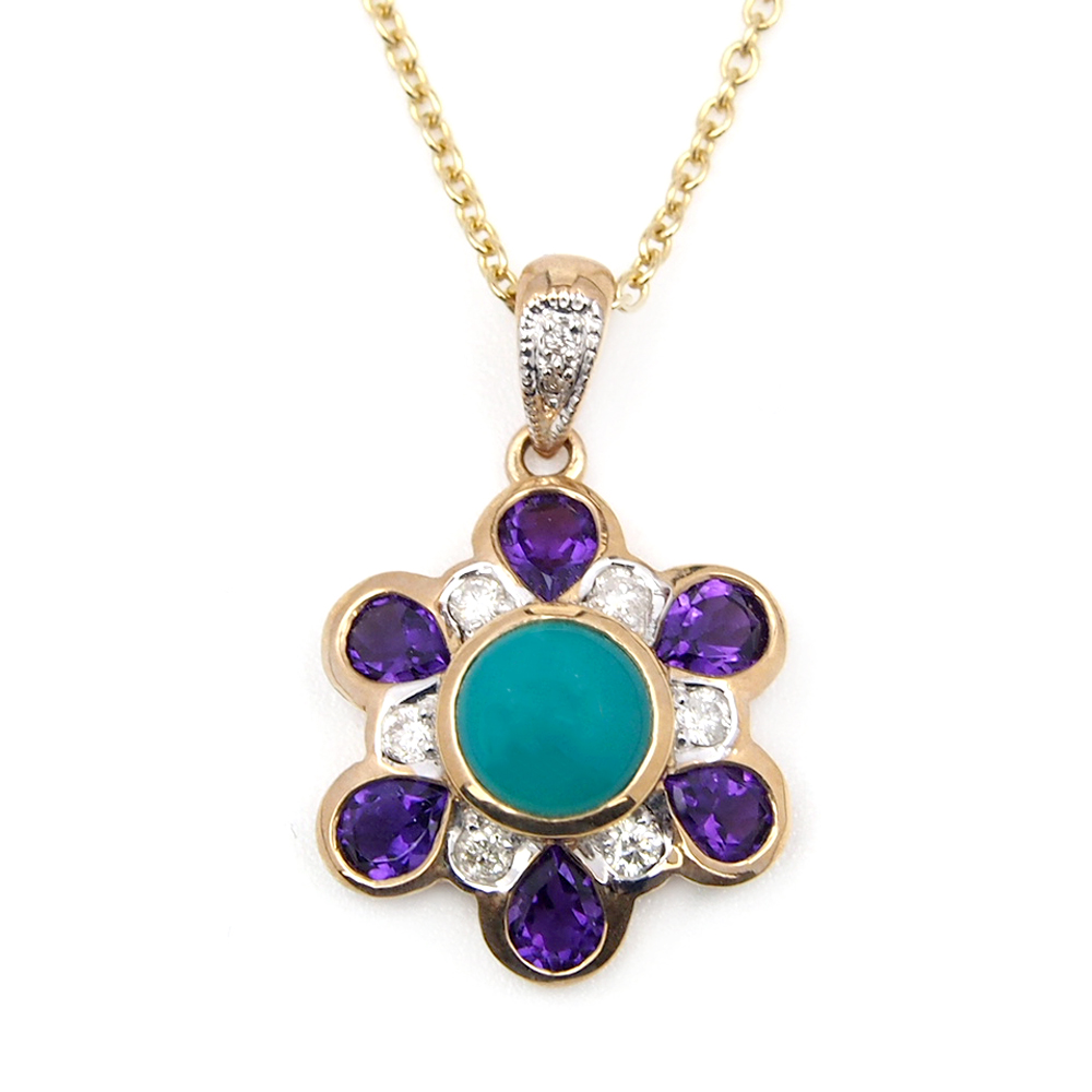 Turquoise,Amethyst & Diamond 18ct Pendant & Chain