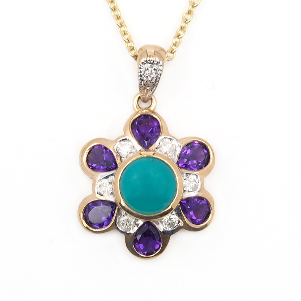 Turquoise,Amethyst & Diamond 18ct Pendant & Chain