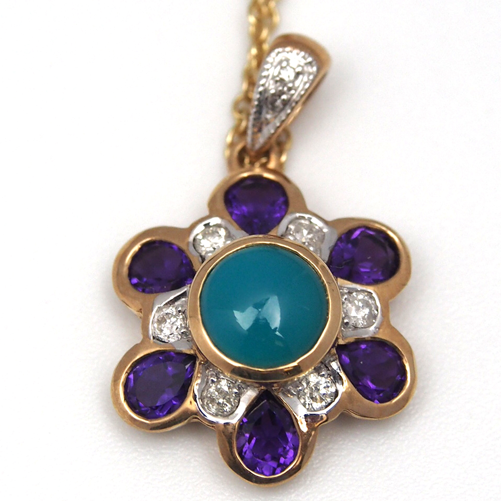 Turquoise,Amethyst & Diamond 18ct Pendant & Chain