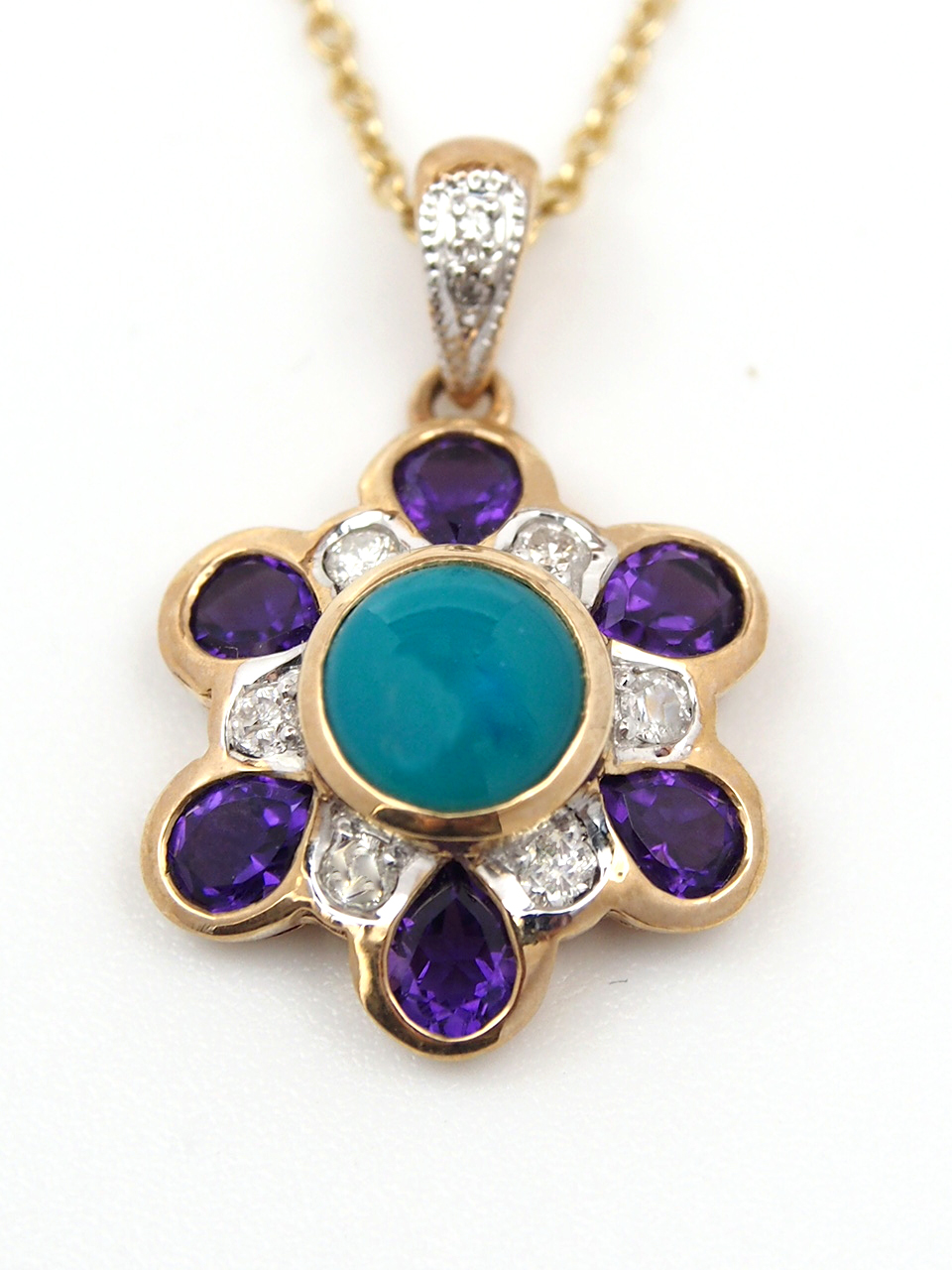 Turquoise,Amethyst & Diamond 18ct Pendant & Chain