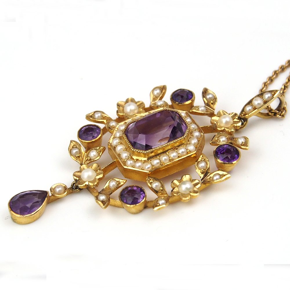 Amethyst & Pearl Edwardian 15ct Pendant