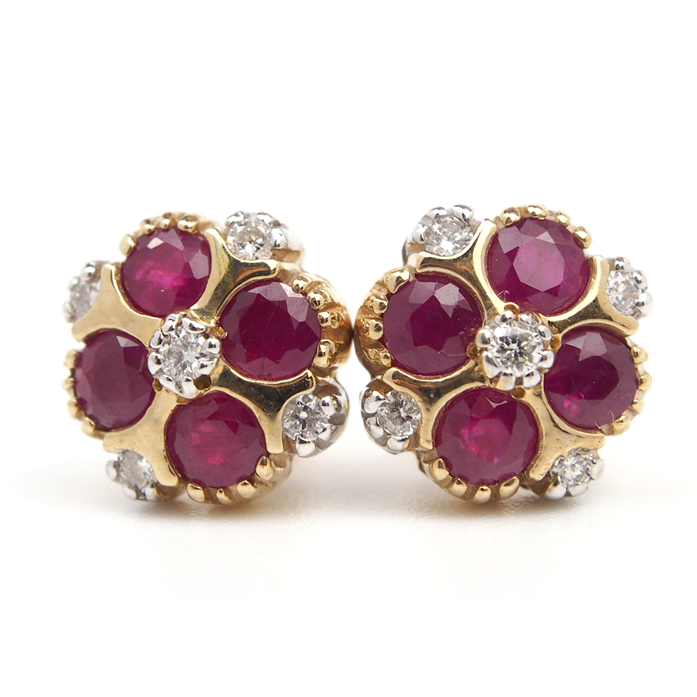 Ruby and Diamond Flower Stud Earrings