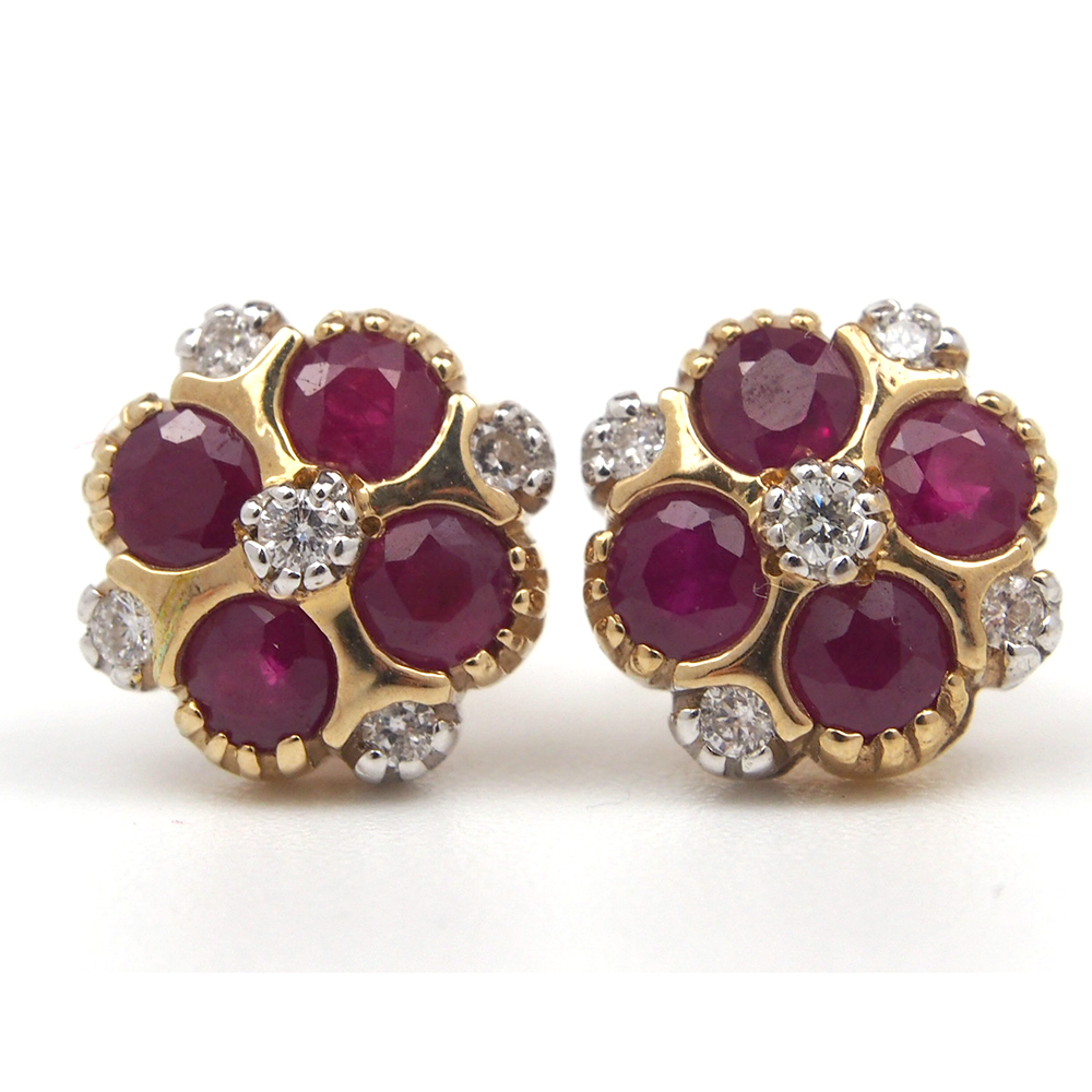 Ruby and Diamond Flower Stud Earrings