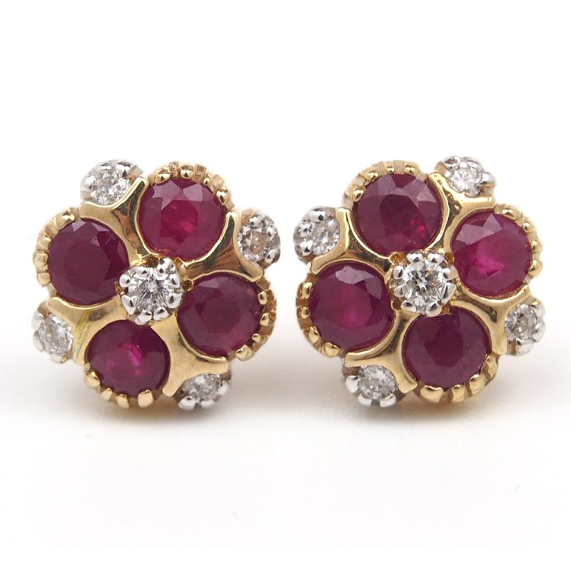 Ruby and Diamond Flower Stud Earrings