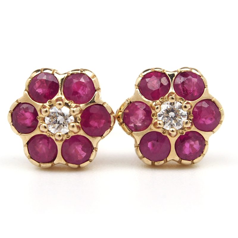 Ruby and Diamond Flower Stud Earrings