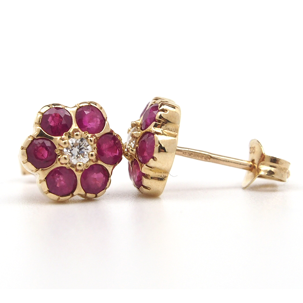 Ruby and Diamond Flower Stud Earrings