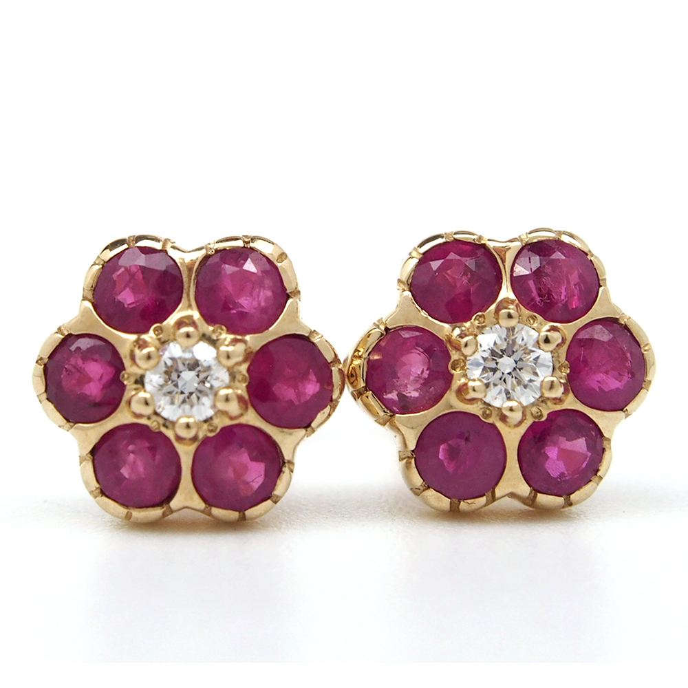 Ruby and Diamond Flower Stud Earrings