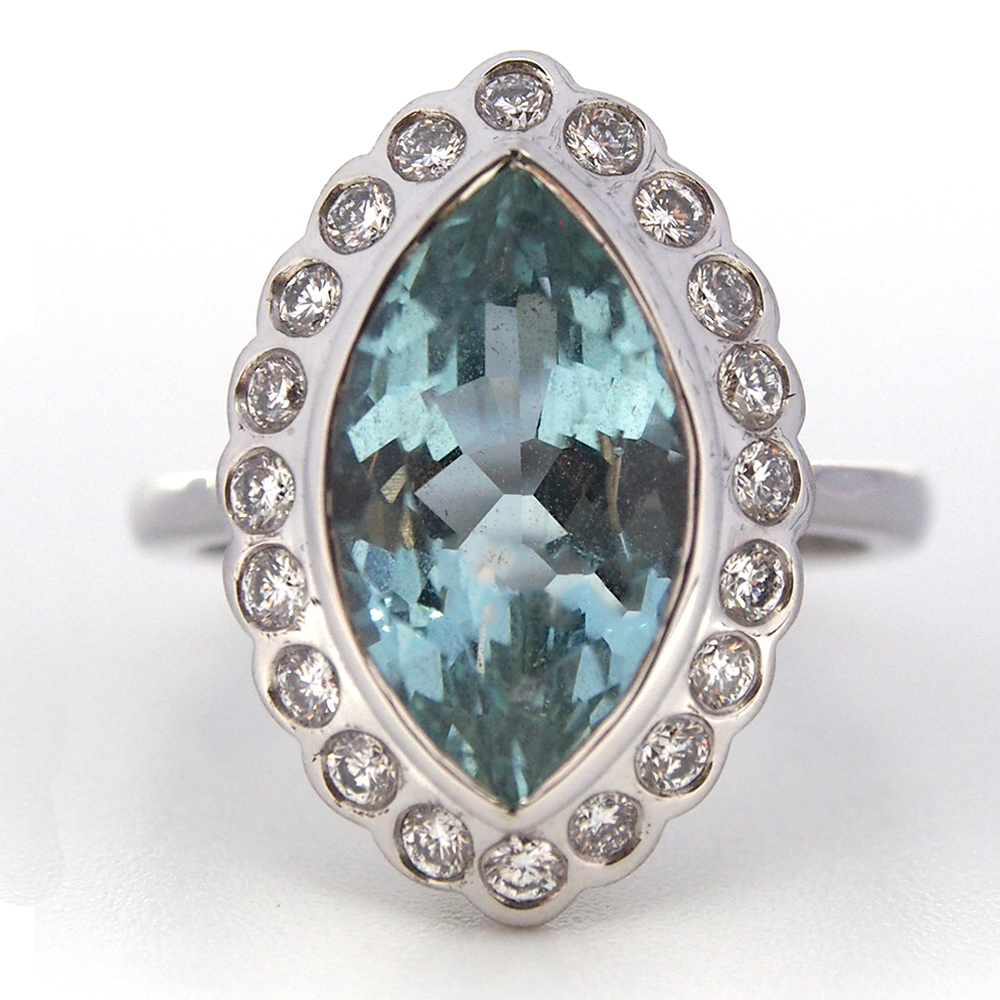 Aquamarine and Diamond marquise cluster ring 4.54ct - by Albrow & Sons
