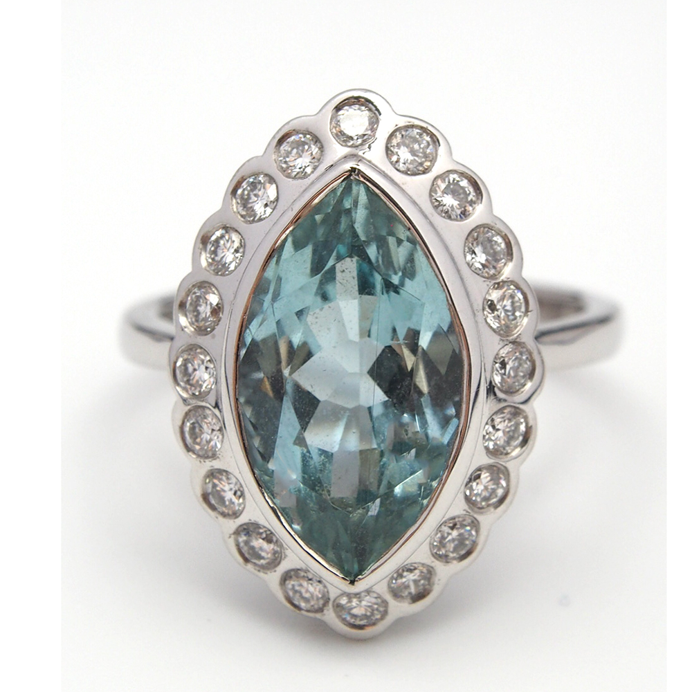 Aquamarine and Diamond marquise cluster ring 4.54ct - by Albrow & Sons