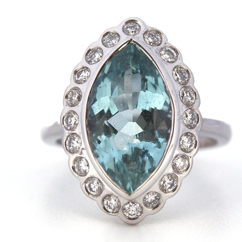 Aquamarine and Diamond marquise cluster ring 4.54ct - by Albrow & Sons
