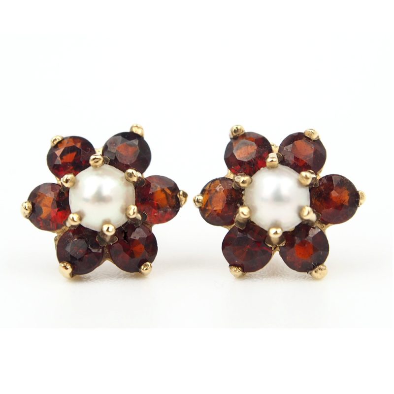 Garnet and Pearl Flower Earrings