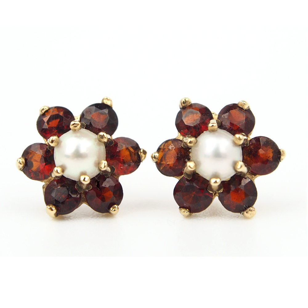 Garnet and Pearl Flower Earrings