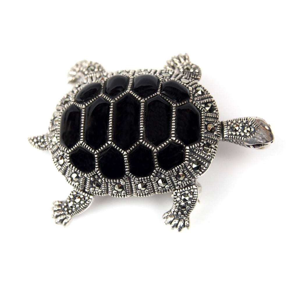 Onyx & Marcasite Silver Tortoise Brooch/Pendant