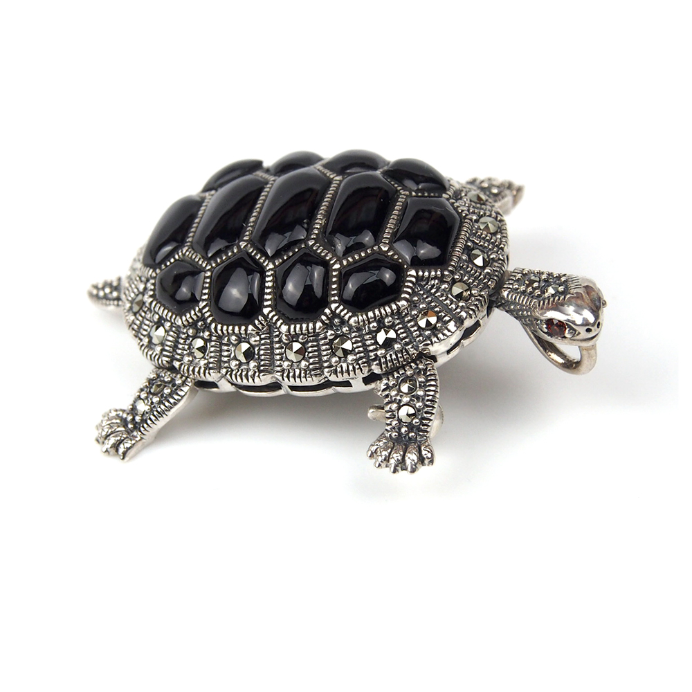 Onyx & Marcasite Silver Tortoise Brooch/Pendant
