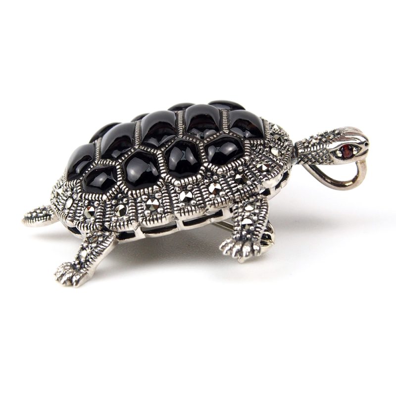 Onyx & Marcasite Silver Tortoise Brooch/Pendant