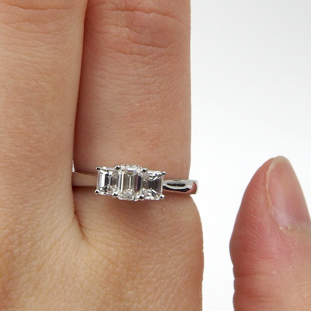 Diamond Emerald Cut Three Stone Ring - Platinum