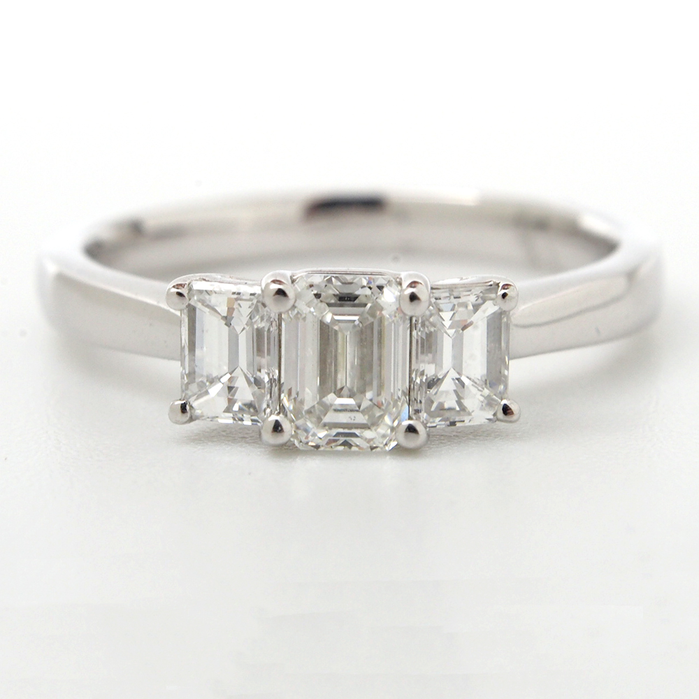 Diamond Emerald Cut Three Stone Ring - Platinum