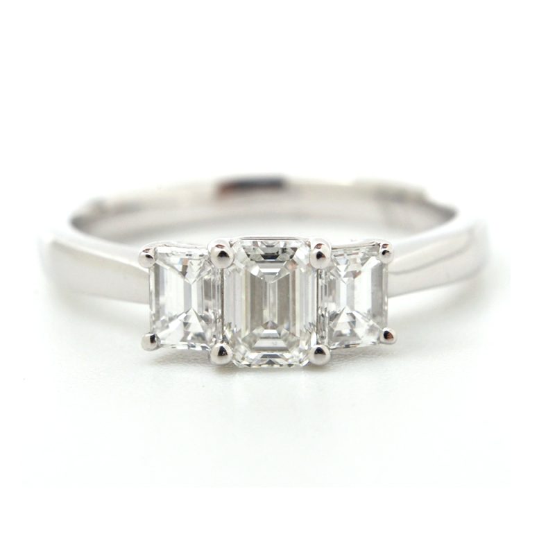 Diamond Emerald Cut Three Stone Ring - Platinum