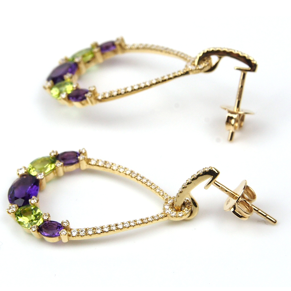 Amethyst, Peridot & Diamond Drop Earrings