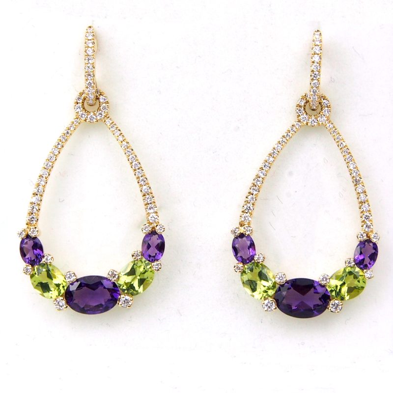 Amethyst, Peridot & Diamond Drop Earrings